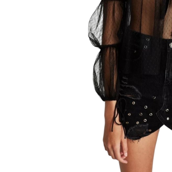 Embroidered sheer Tulle Top Witchy Whimsigoth velvet Bow Black Size L - Picture 6 of 16